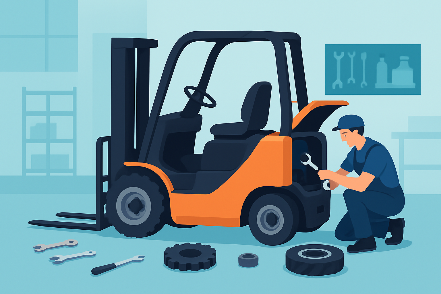 Technicien effectuant la maintenance d’un chariot élévateur, illustrant l’importance de la qualité des pièces de rechange