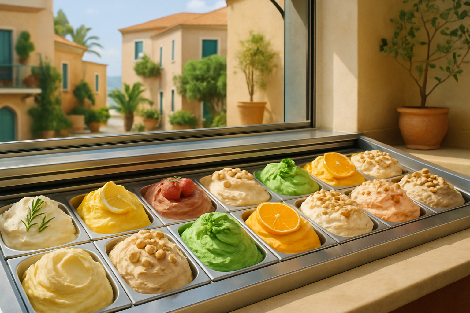 Vitrine présentant plusieurs parfums de glace sicilienne artisanale avec leur texture visible et garnitures naturelles.