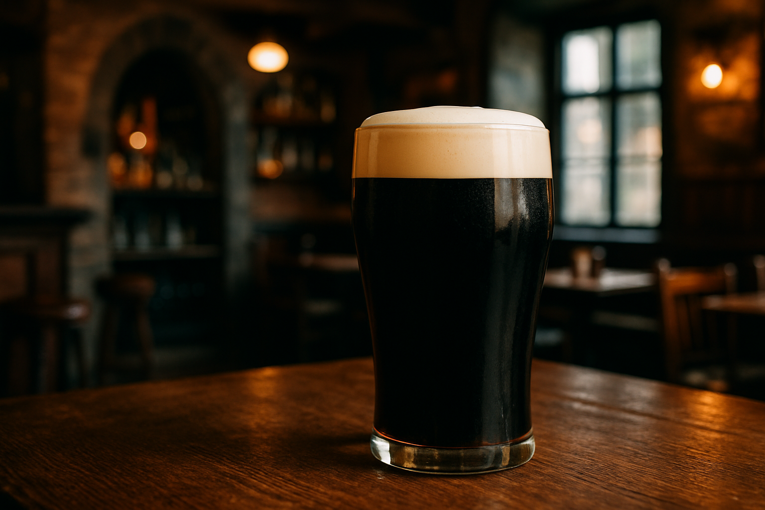 Verre de bière noire irlandaise traditionnelle avec sa mousse crémeuse dans une ambiance de pub irlandais