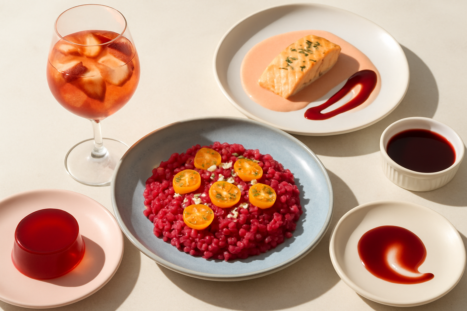 Divers plats préparés avec du vin rosé, illustrant les différentes possibilités culinaires pour réutiliser un mauvais rosé
