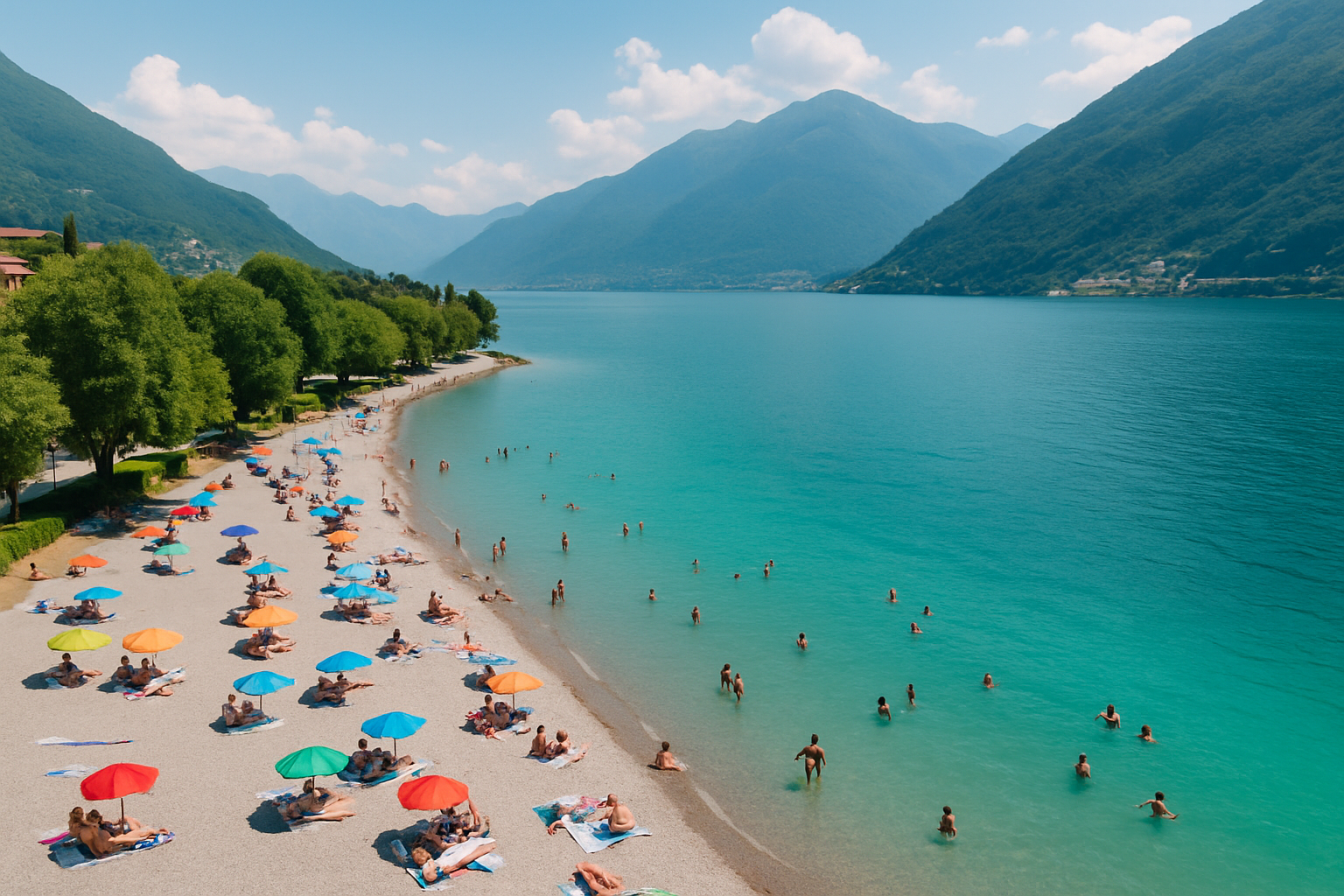 Vue d’ensemble lumineuse d’un spot de baignade populaire au lac de Côme, illustrant la beauté naturelle et la fréquentation locale.