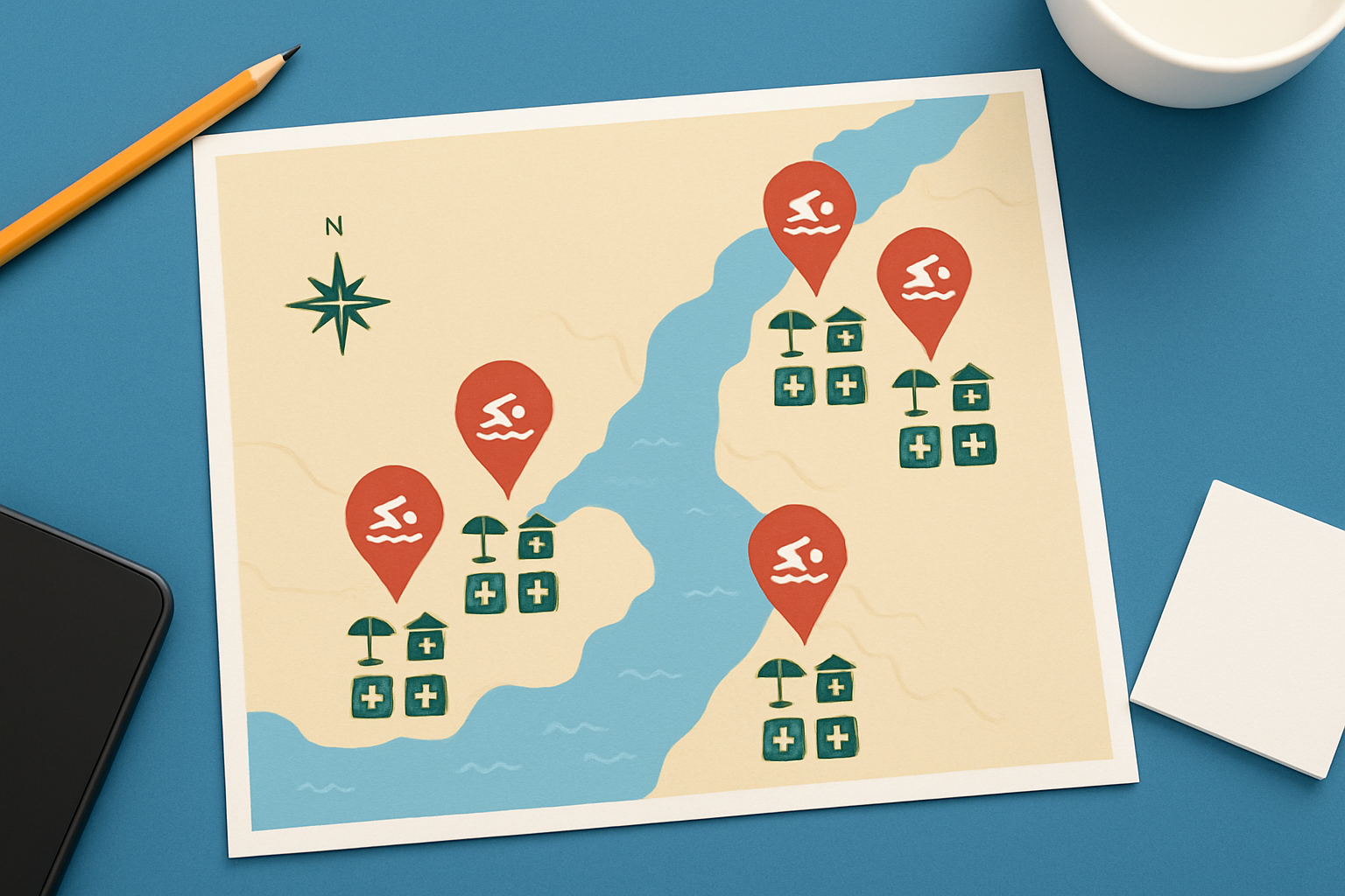 Carte illustrant la localisation des plages et les équipements disponibles à chaque spot autour du lac de Côme.