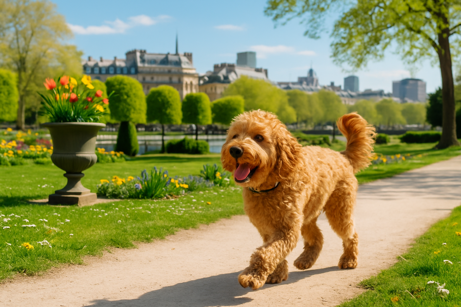 Labradoodle en promenade dans un parc urbain français