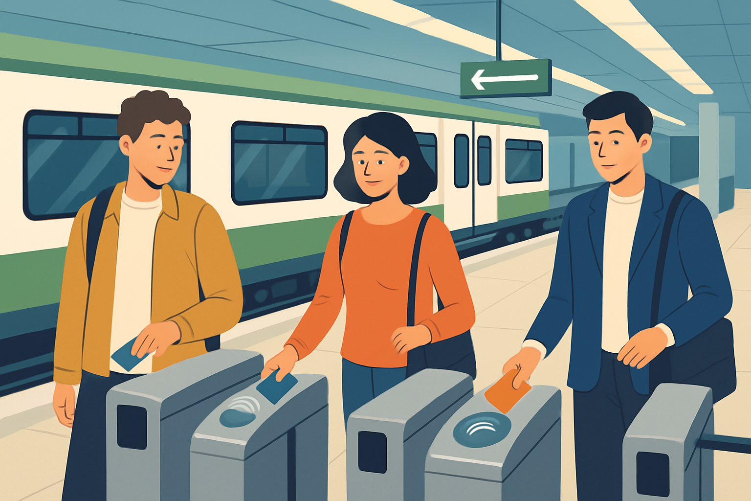 Station de métro à Barcelone avec passagers utilisant des billets électroniques