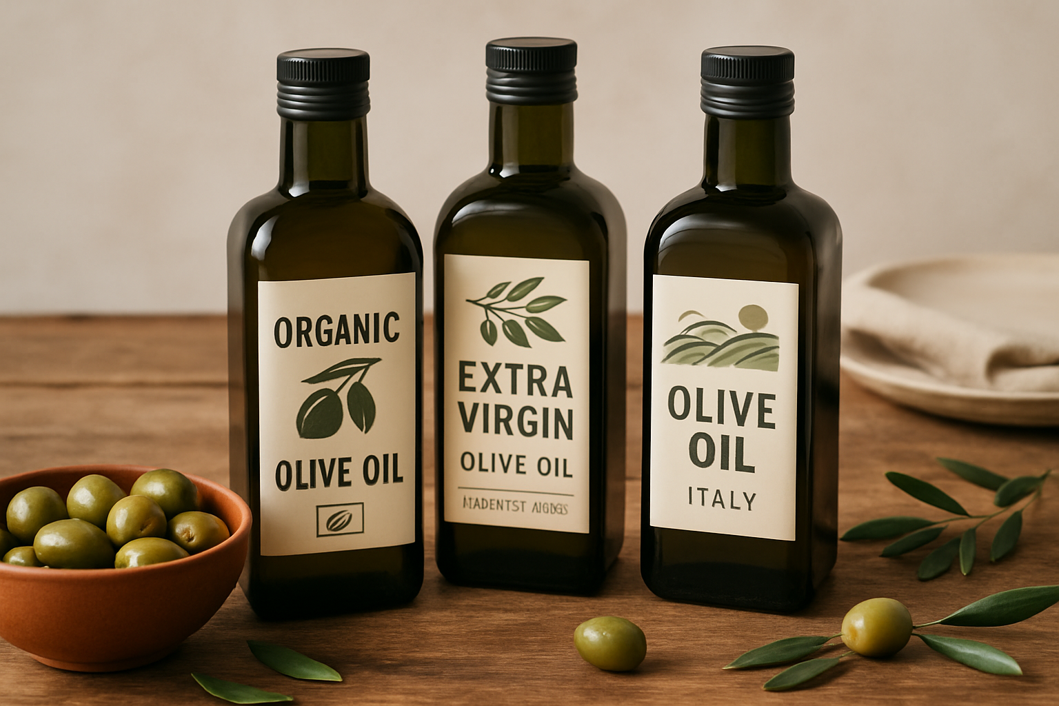 Photo de bouteilles d’huile d’olive premium avec étiquettes mettant en évidence certifications et origines
