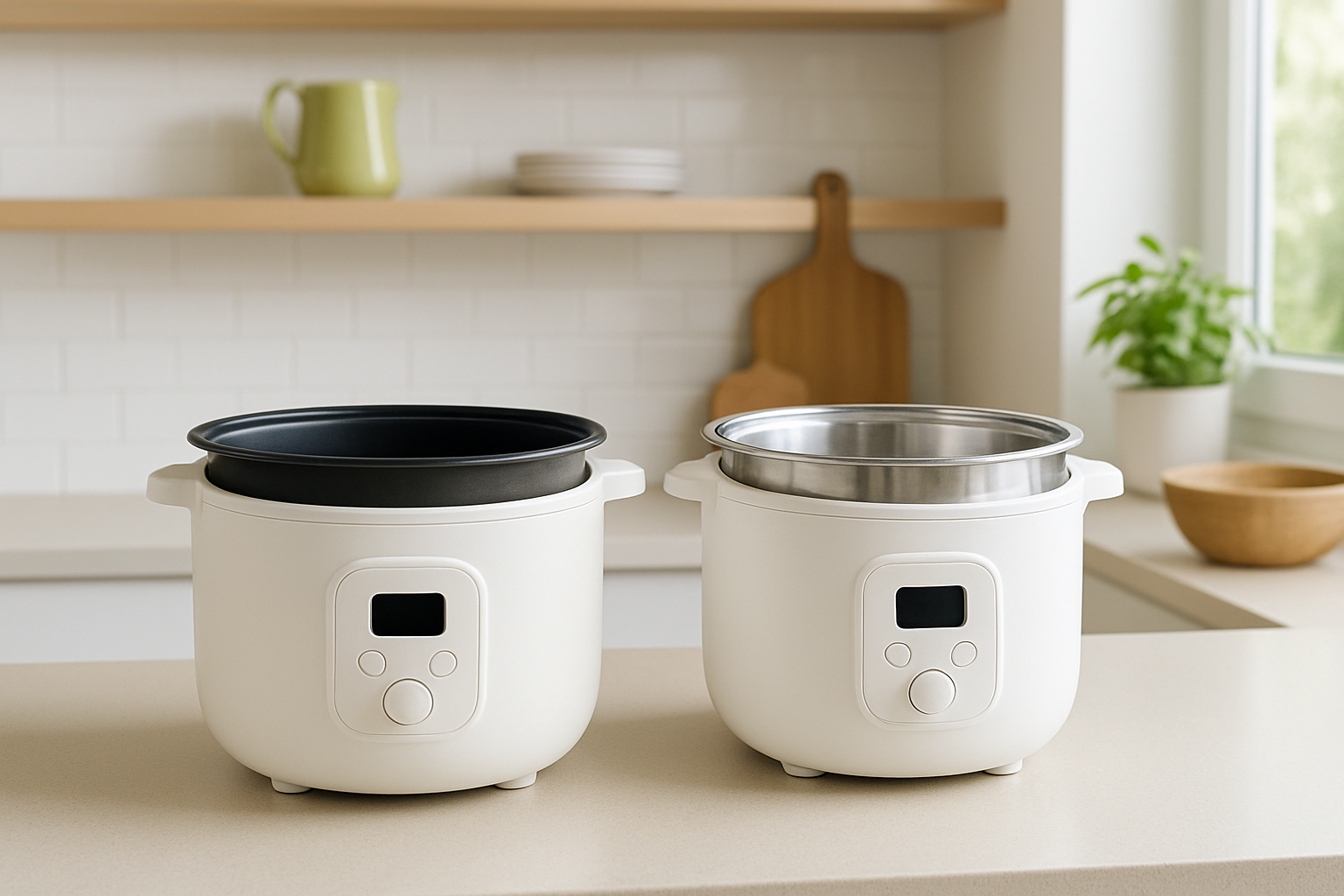 Comparaison visuelle entre un cuiseur à riz avec cuve en céramique et un modèle en acier inoxydable