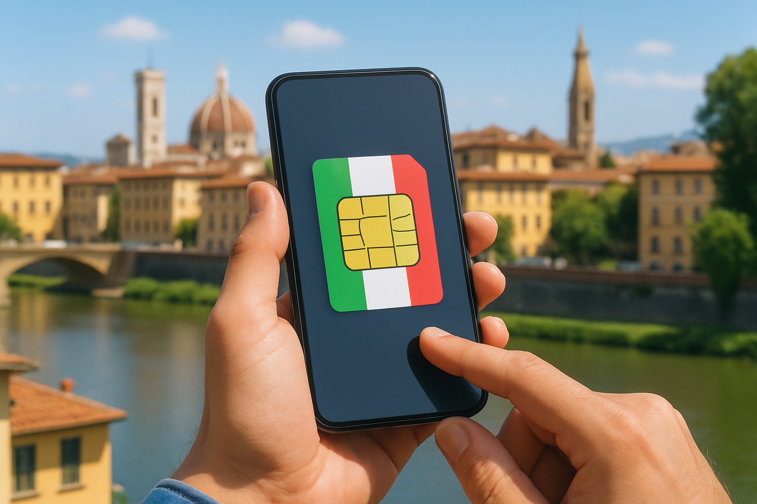 Voyageur utilisant une carte SIM italienne sur son smartphone dans un cadre urbain italien