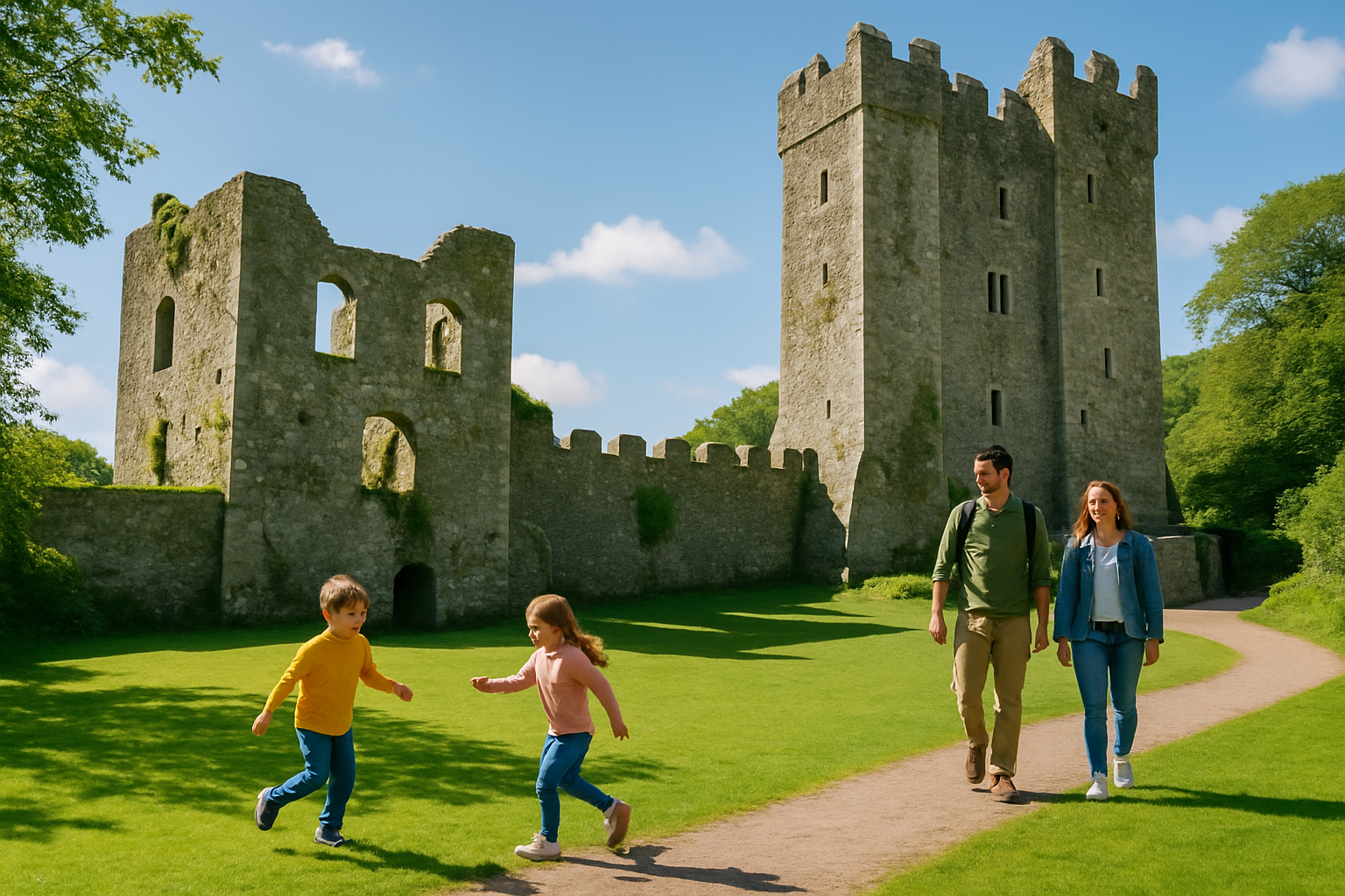 Une famille visitant un château irlandais ancien avec les enfants jouant dans la cour entourée de verdure.