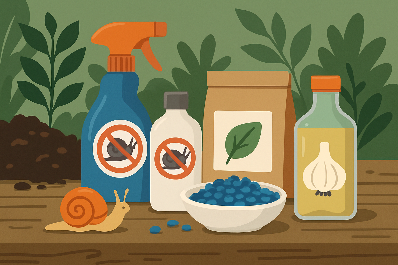 Divers produits naturels et chimiques contre les escargots présentés pour choix dans le jardin.