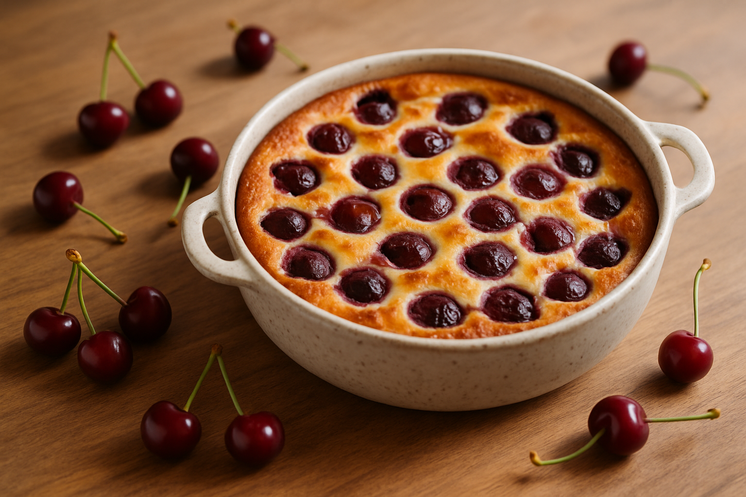 Clafoutis au mascarpone aux cerises fraîchement sorti du four, prêt à être dégusté.