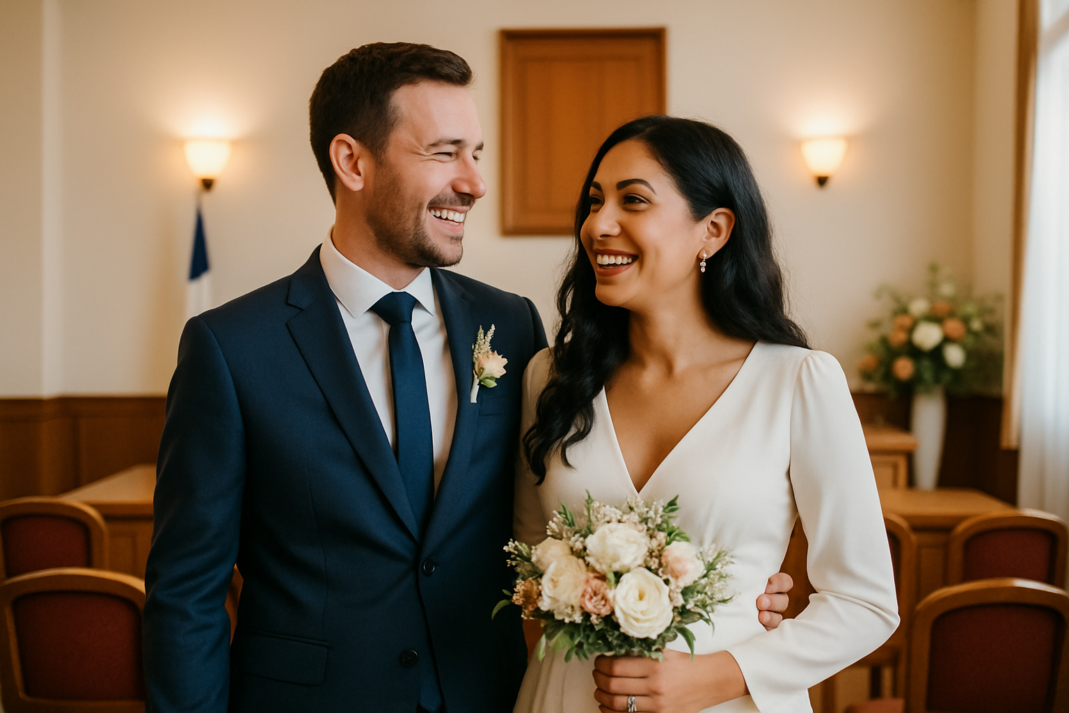Un couple franco-marocain célébrant leur mariage civil à la mairie en France
