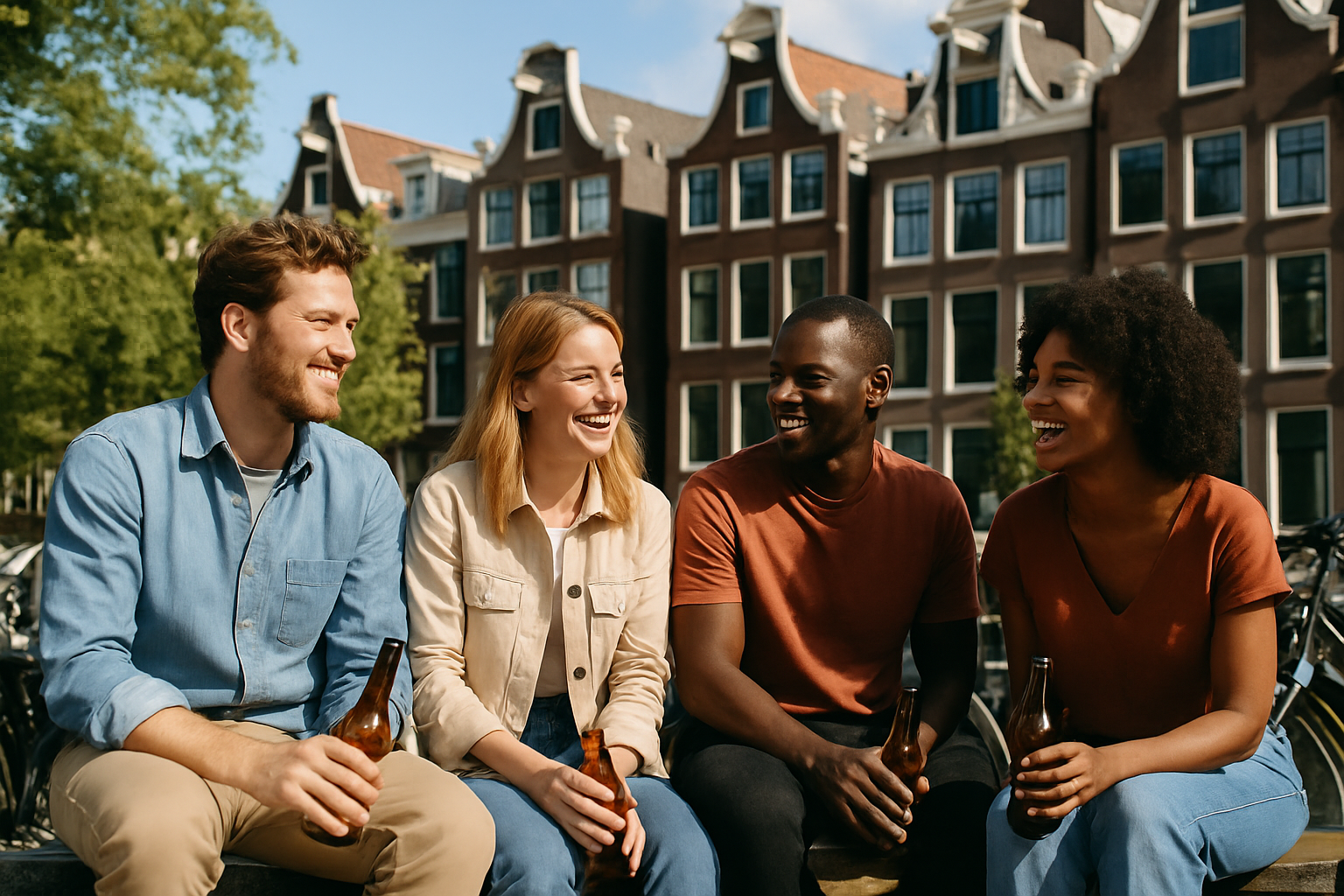 Moment convivial entre expatriés et Néerlandais avec vélos typiques d