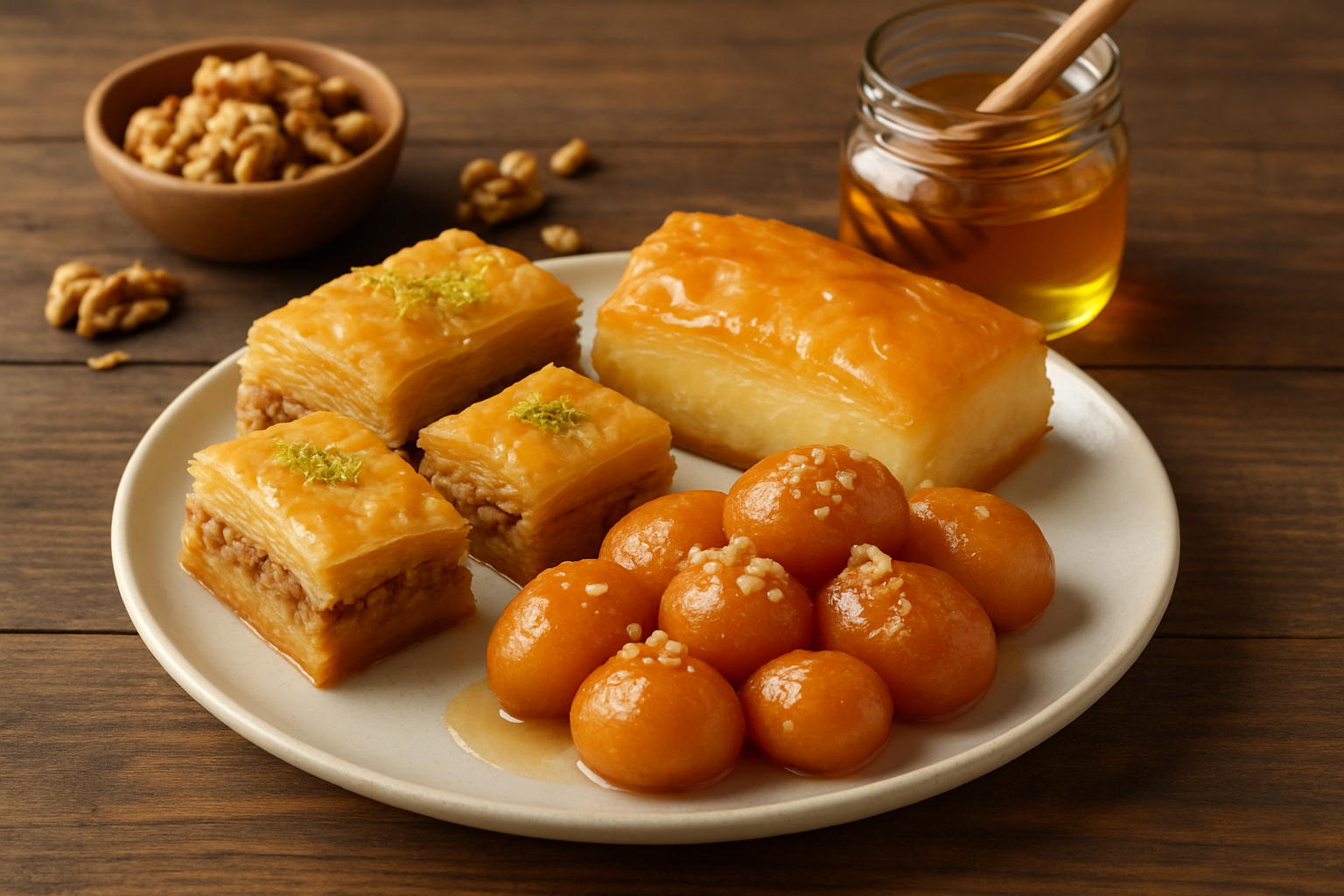 Assortiment de desserts grecs traditionnels : baklava, galaktoboureko et loukoumades, servis avec du miel et des noix.