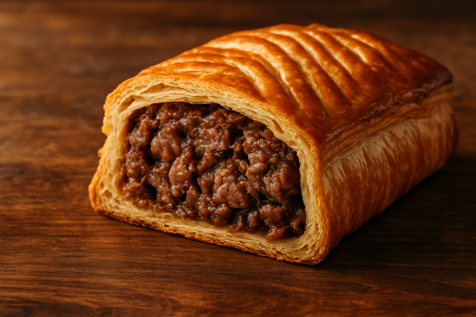 Pâté lorrain traditionnel coupé en tranches montrant la pâte feuilletée croustillante et une farce moelleuse