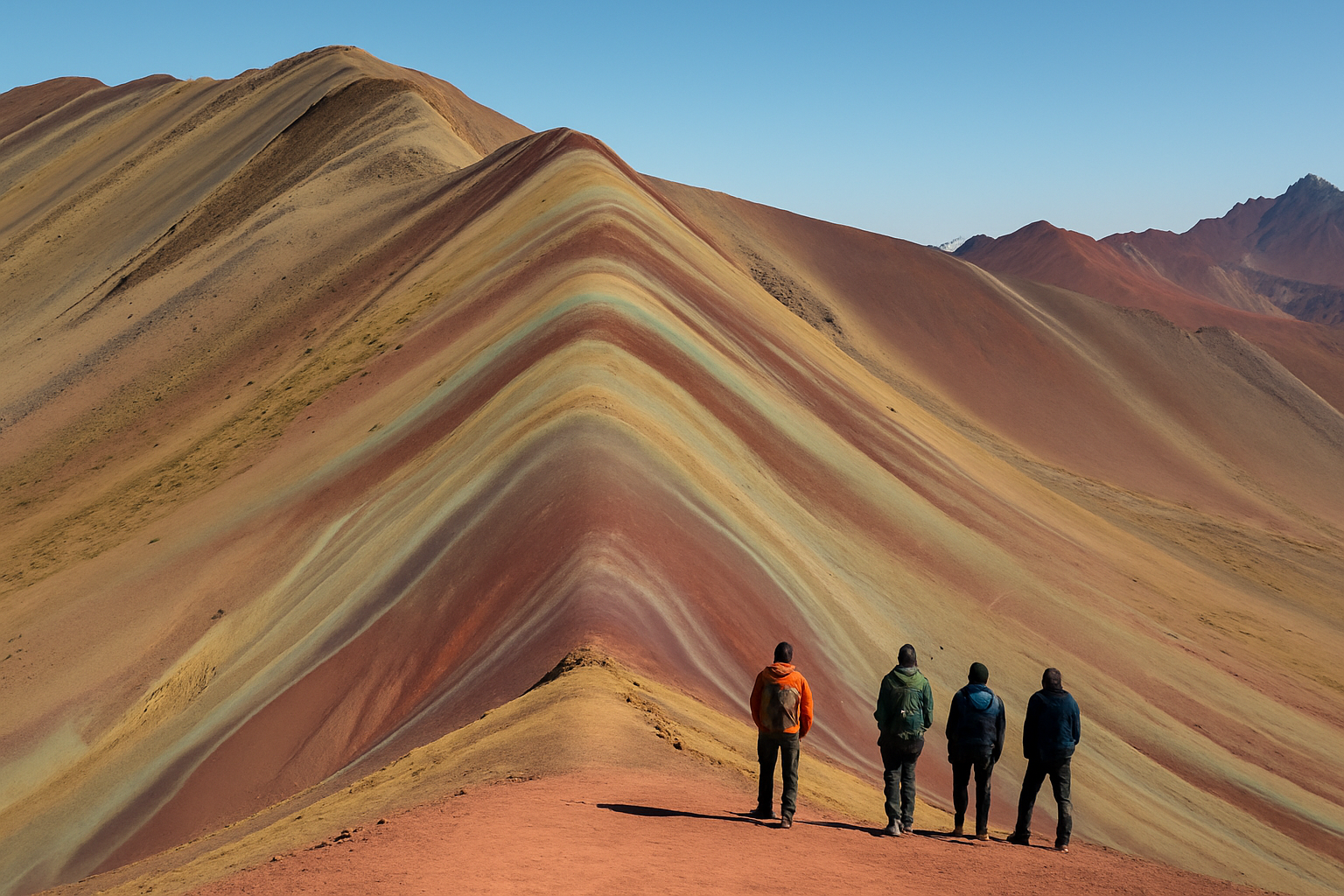 Panorama de la Montagne 7 couleurs (Vinicunca) avec ses couches colorées distinctes et des visiteurs en randonnée