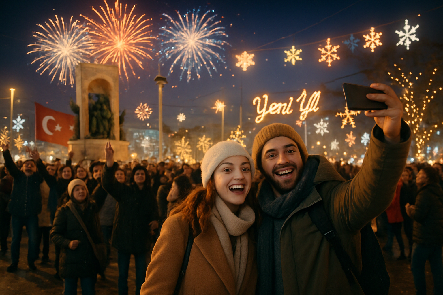 Touristes et locaux célébrant le Nouvel An ensemble dans une ambiance festive en Turquie