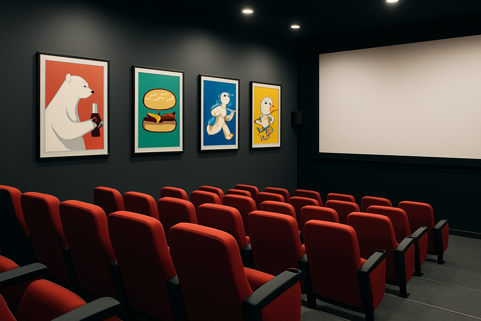 Affiches de films montrant des marques en placement de produit dans une salle de cinéma