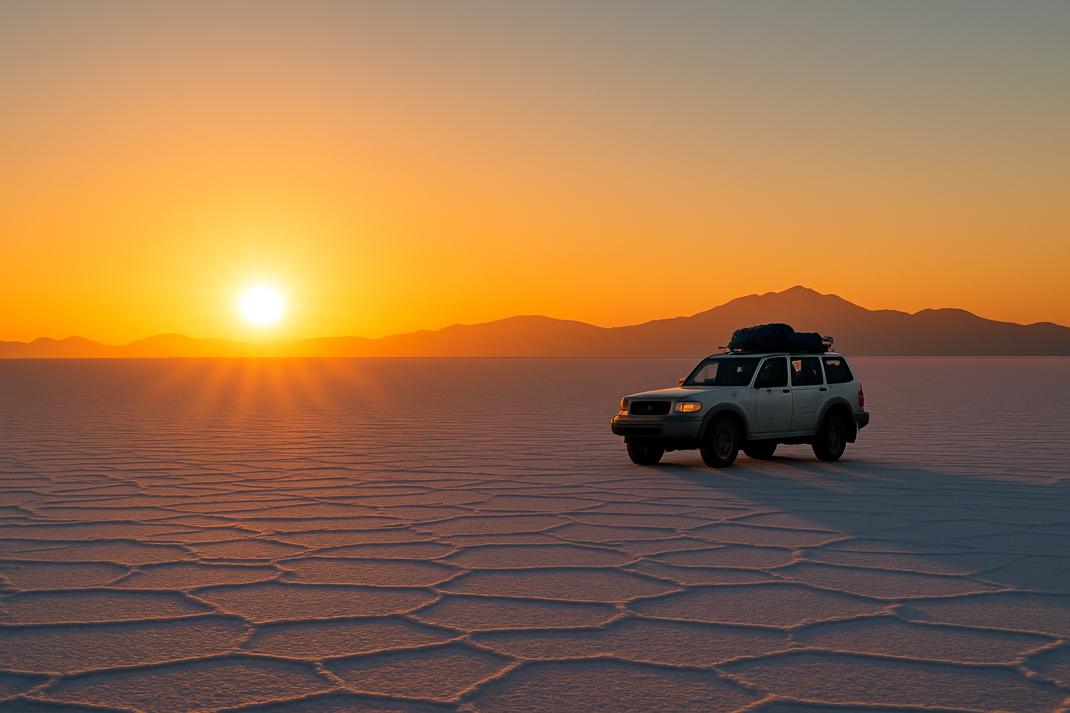 Panorama du désert de sel au coucher du soleil avec véhicule 4x4 en traversée