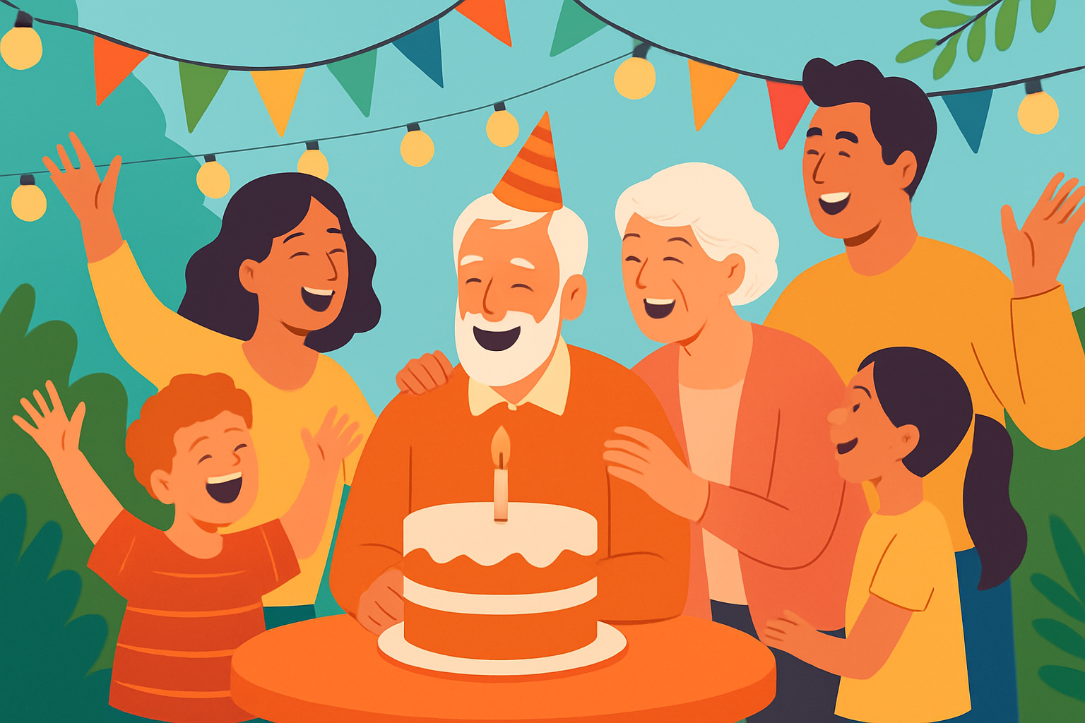 Une famille réunie dans un jardin pour une fête de retraite joyeuse et conviviale.