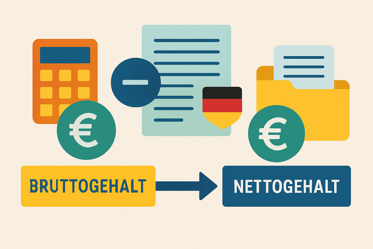 Schéma illustrant le passage du salaire brut au salaire net avec les différentes déductions en Allemagne.