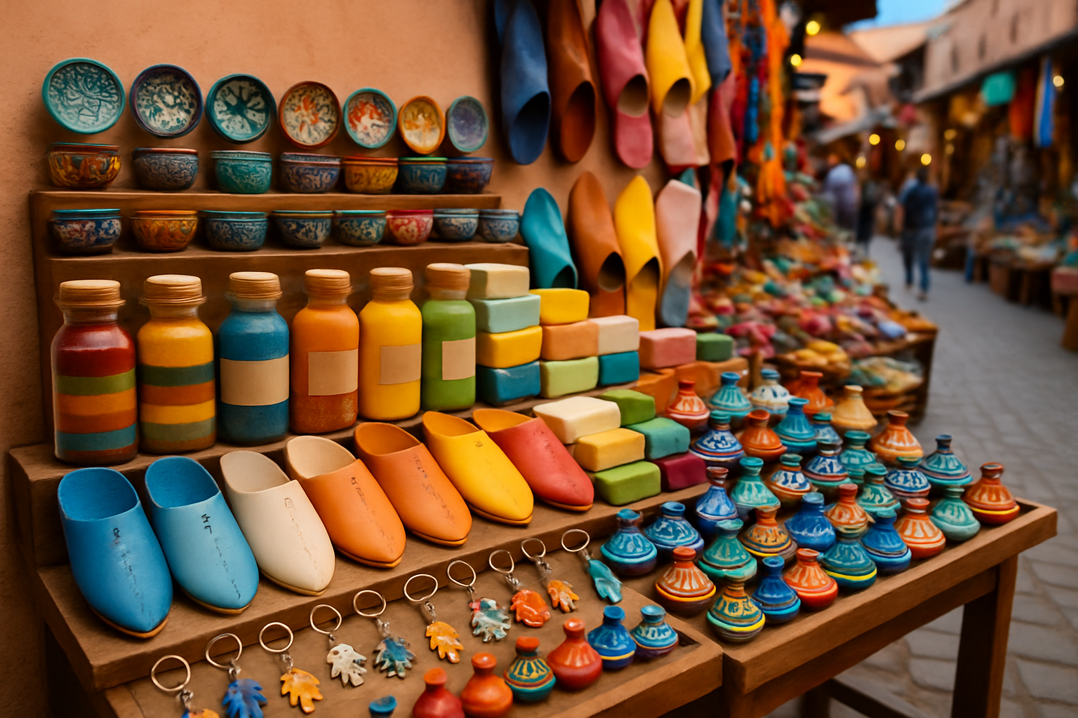 Étal de souvenirs bon marché typiques dans un souk marocain, présentant épices, babouches et céramiques