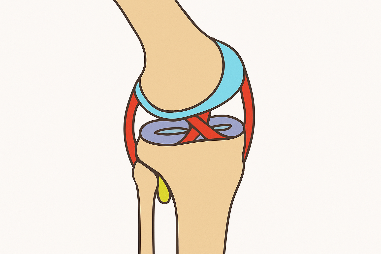 Schéma clair et coloré de l’anatomie du genou, illustrant ses principales structures pour comprendre le crépitement.