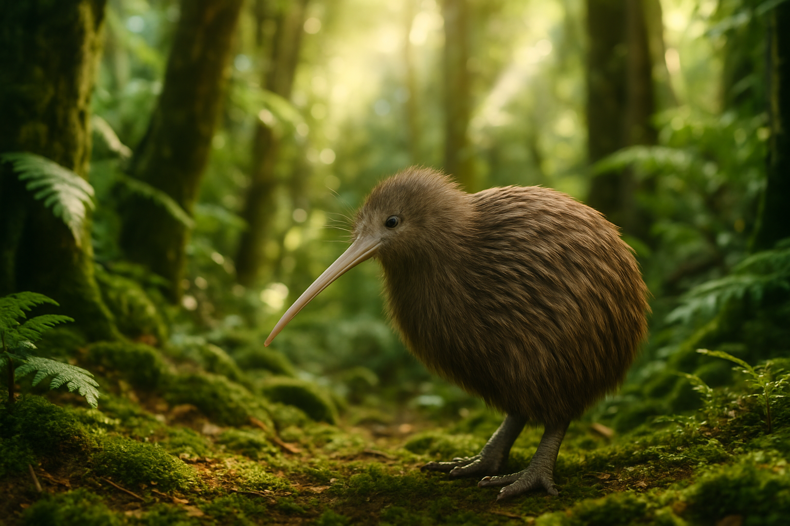 Un kiwi brun dans son habitat naturel, une forêt tempérée du Nord de la Nouvelle-Zélande