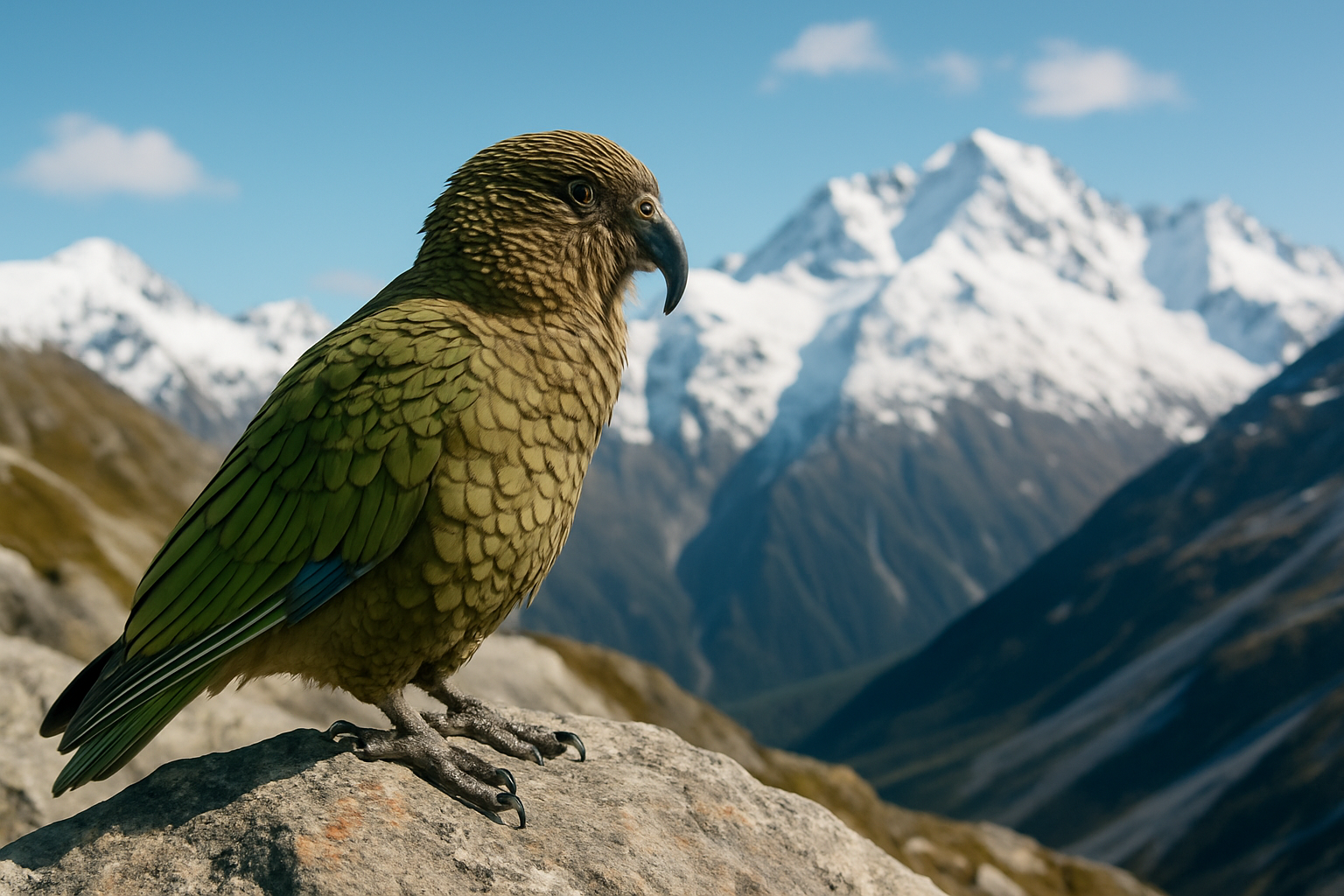 Le kea, perroquet des montagnes du Sud de la Nouvelle-Zélande, en plein habitat alpin
