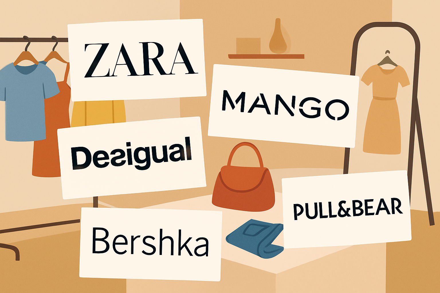 Logos et vêtements des marques espagnoles populaires qui illustrent la diversité et le style unique de ces enseignes.