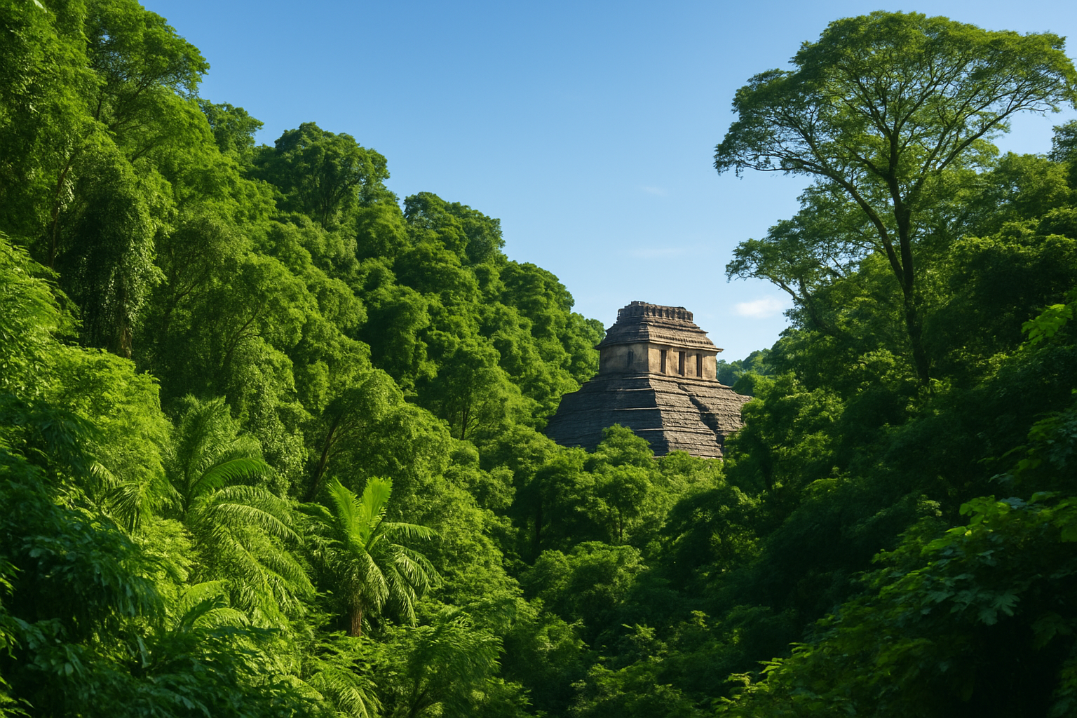 Forêt tropicale du Sud du Mexique avec ruines mayas visibles, symbolisant la richesse naturelle et culturelle