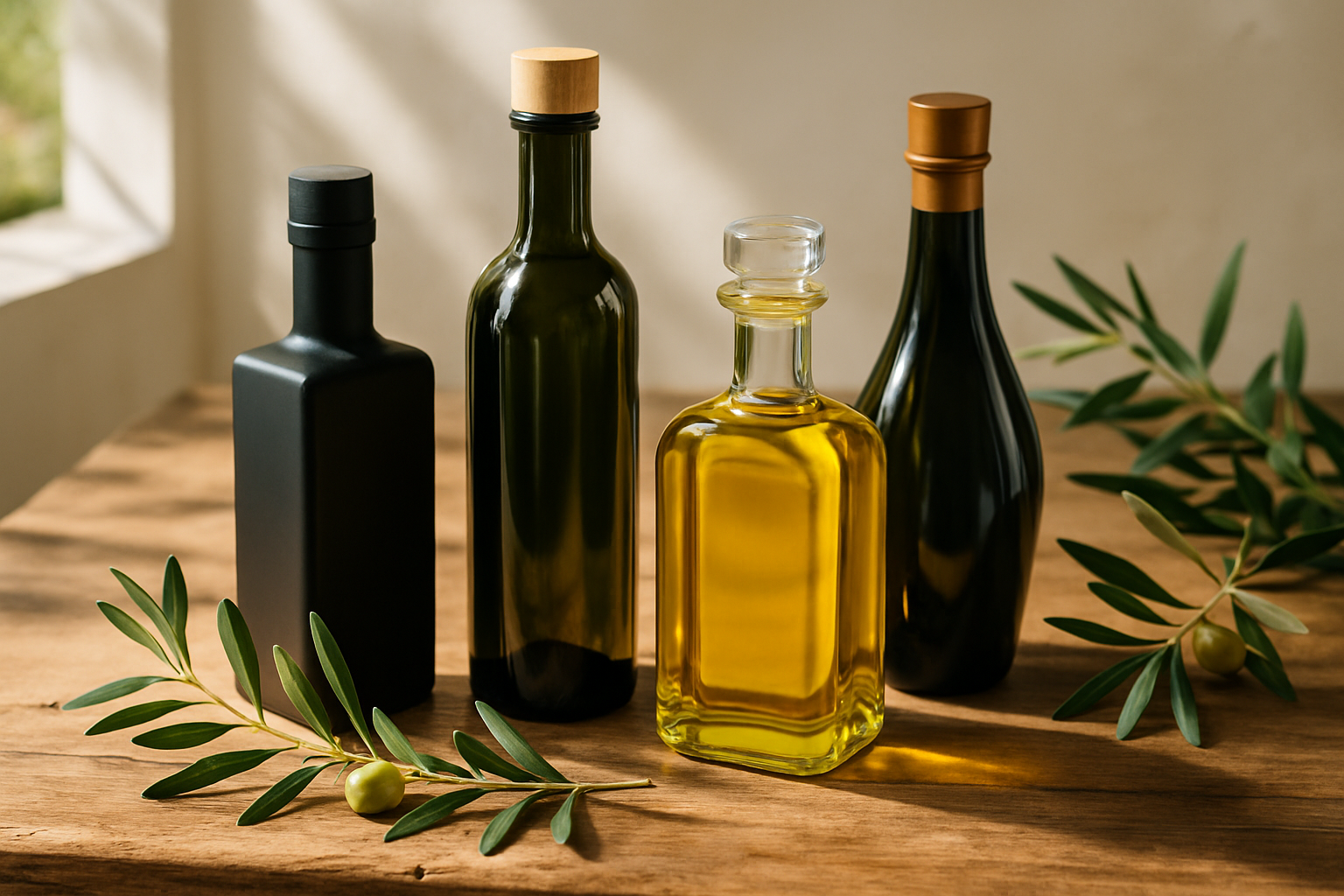 Photo artistiquement prise d’une sélection d’huiles d’olive primées dans leurs flacons distinctifs