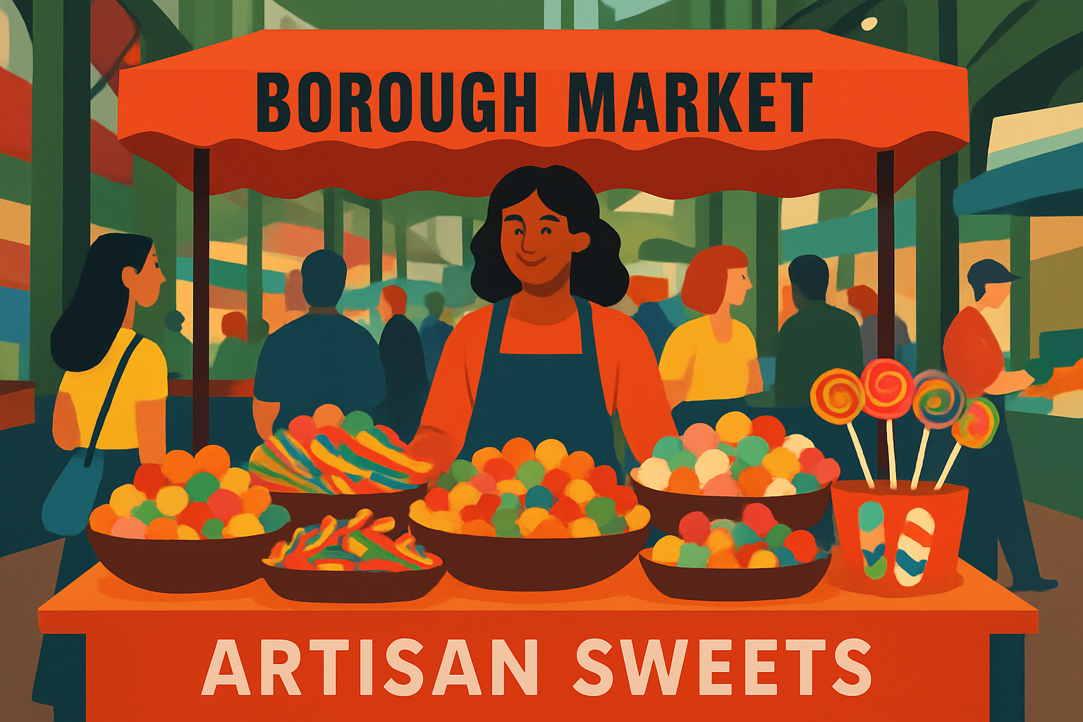 Stands de bonbons artisanaux colorés au Borough Market, loin de la foule touristique