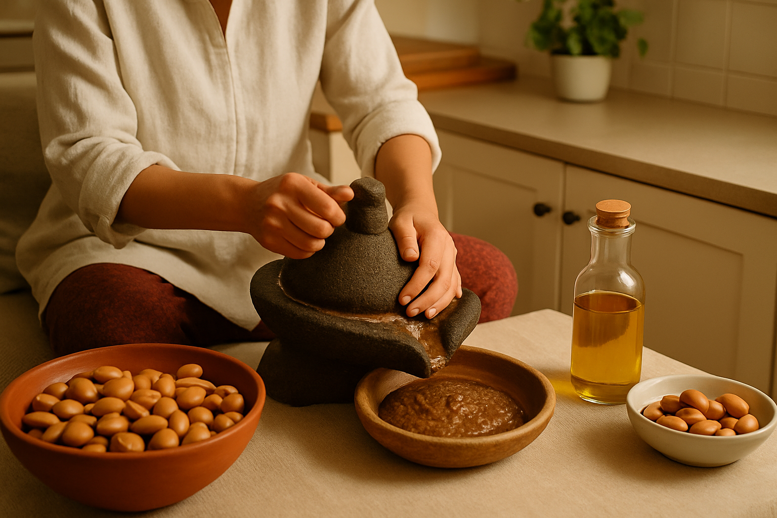 Fabrication artisanale d’huile d’argan avec des outils traditionnels et ingrédients naturels.