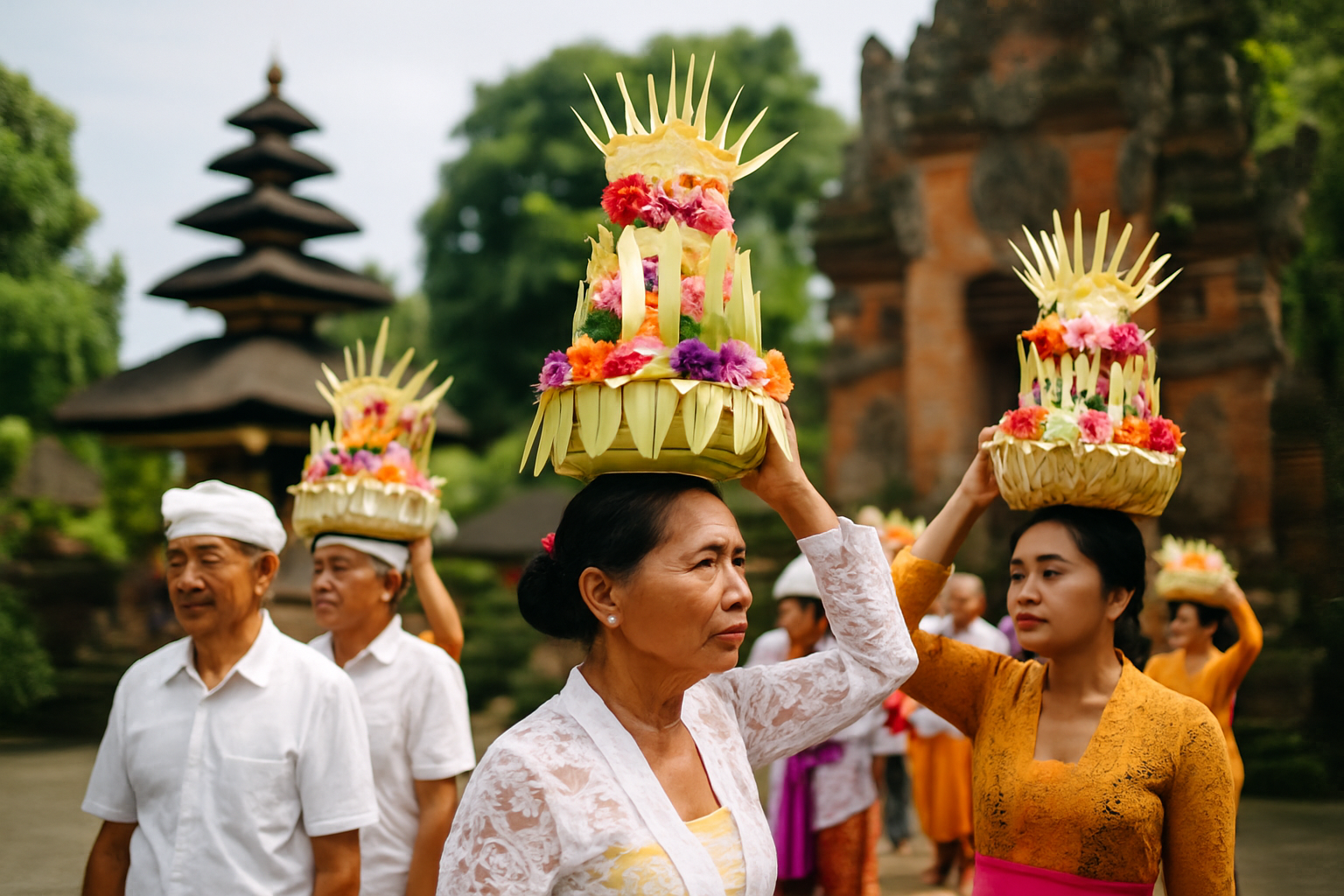 Cérémonie traditionnelle balinaise avec offrandes canang sari et participation communautaire dans un temple sacré