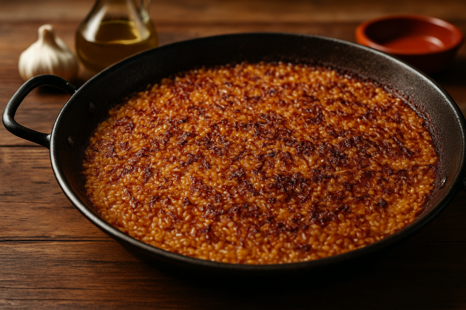 Une poêle à paella avec un socarrat doré et le riz parfaitement cuit, prêt à être servi.