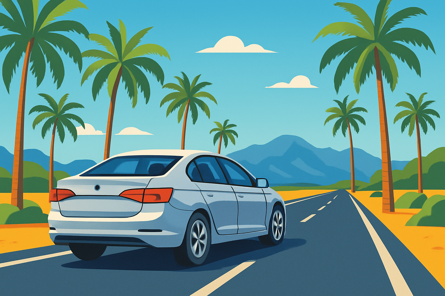 Voiture de location au Mexique prête à prendre la route dans un décor tropical