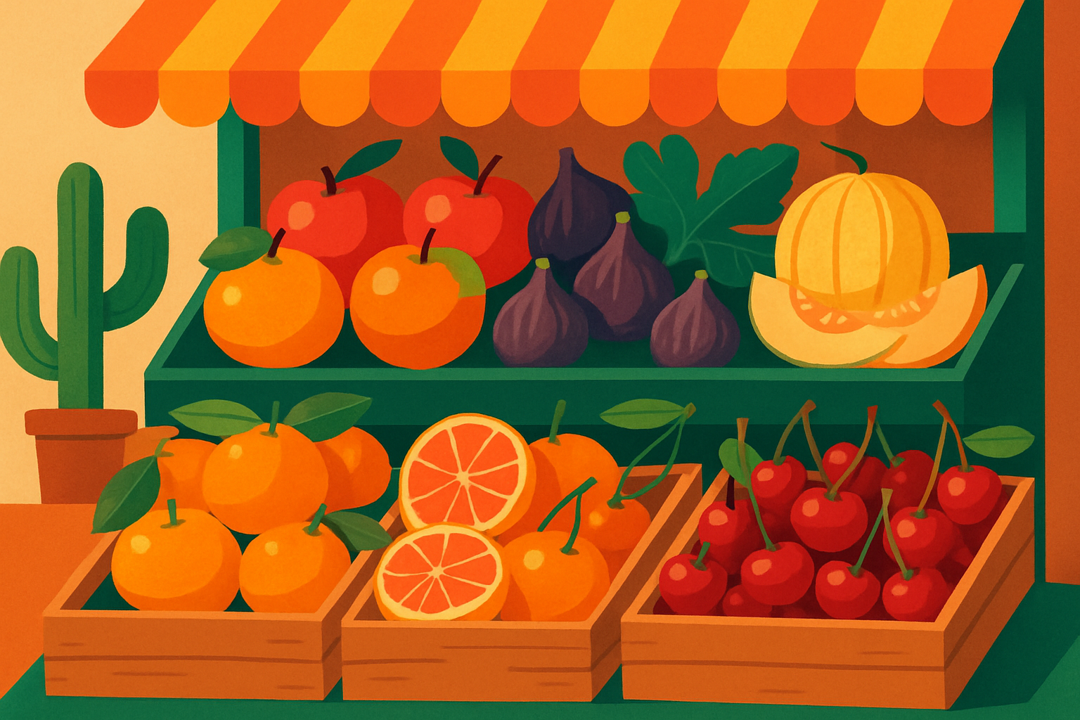 Marché fruitier italien mettant en avant les spécialités régionales fruitières colorées et variées