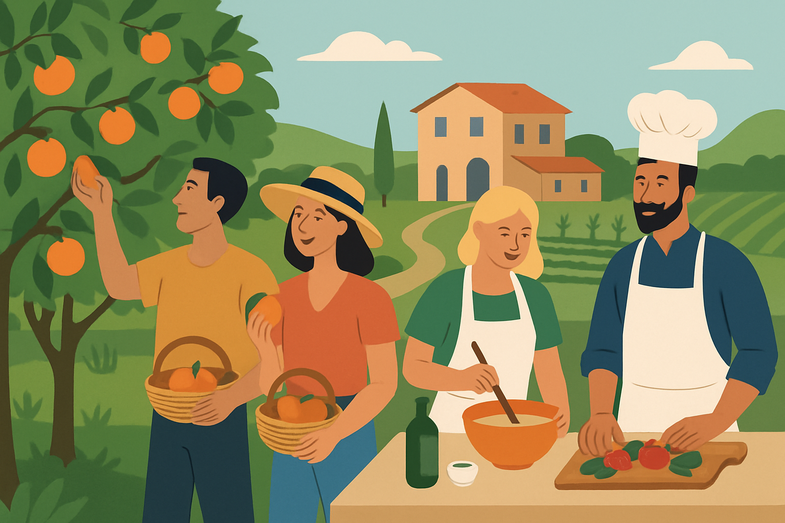 Visiteurs participant à une visite guidée dans un verger italien avec dégustation de fruits et atelier de cuisine