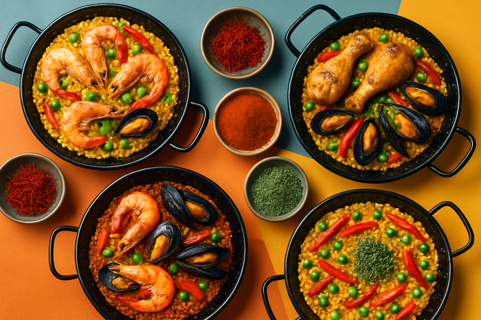 Photo illustrant différents types de paella avec leurs épices visibles
