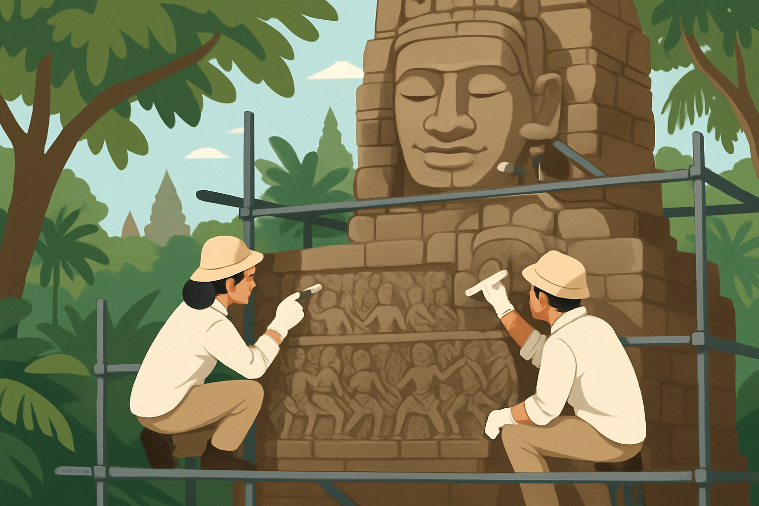 Travaux de restauration en cours sur des sculptures anciennes à Angkor