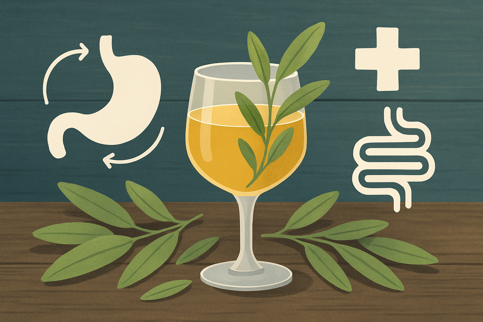 Verre de vin de sauge accompagné de feuilles fraîches de sauge, illustrant cette préparation traditionnelle et ses bienfaits pour la digestion.