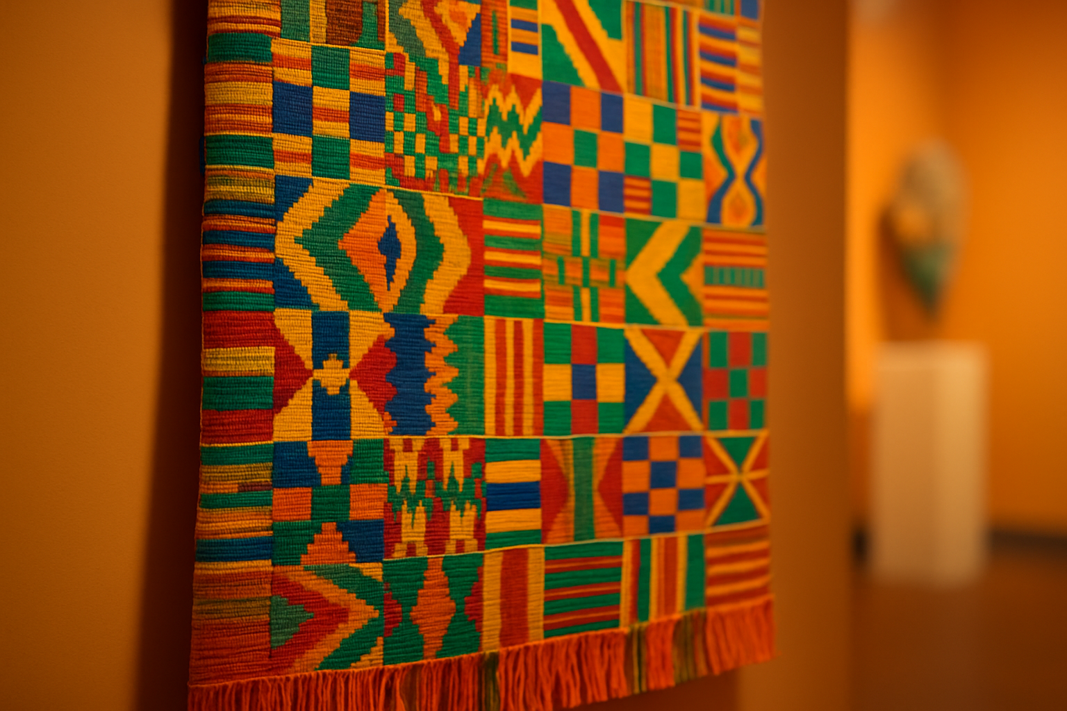 Tissu Kente traditionnel coloré exposé, montrant ses motifs complexes et sa richesse visuelle