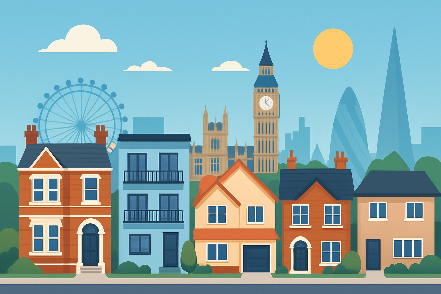Vue variée de différents types de maisons à Londres, illustrant la diversité du marché immobilier.