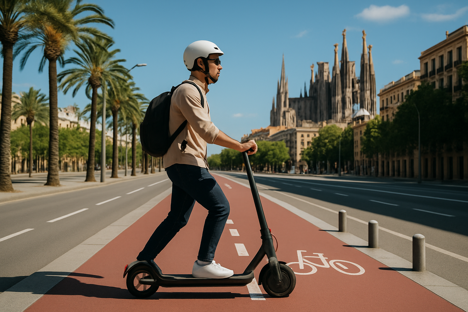 Utilisateur circulant en trottinette électrique dans une rue de Barcelone, respect des règles de circulation