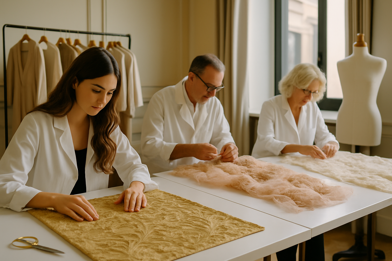 Artisans italiens au travail dans un atelier de haute couture, symbolisant l