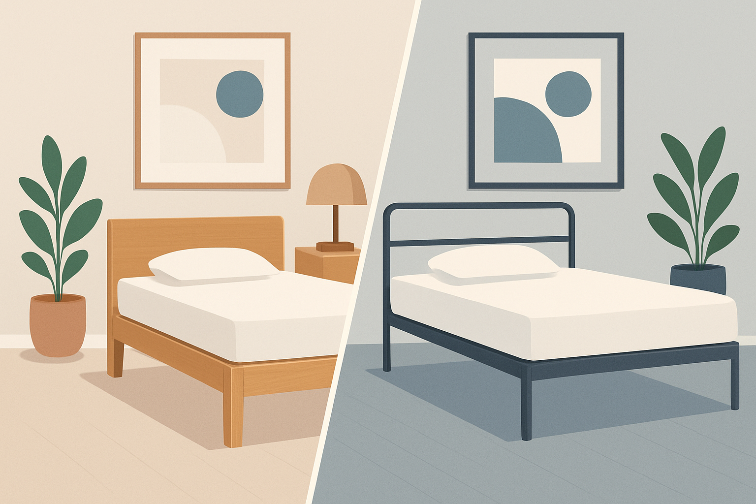Comparaison visuelle entre un support pour matelas en bois massif et un support métallique